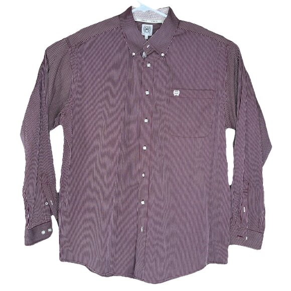 Cinch Western Shirt Men L Burgundy White Stripe Long Sleeve Pocket - Picture 1 of 10